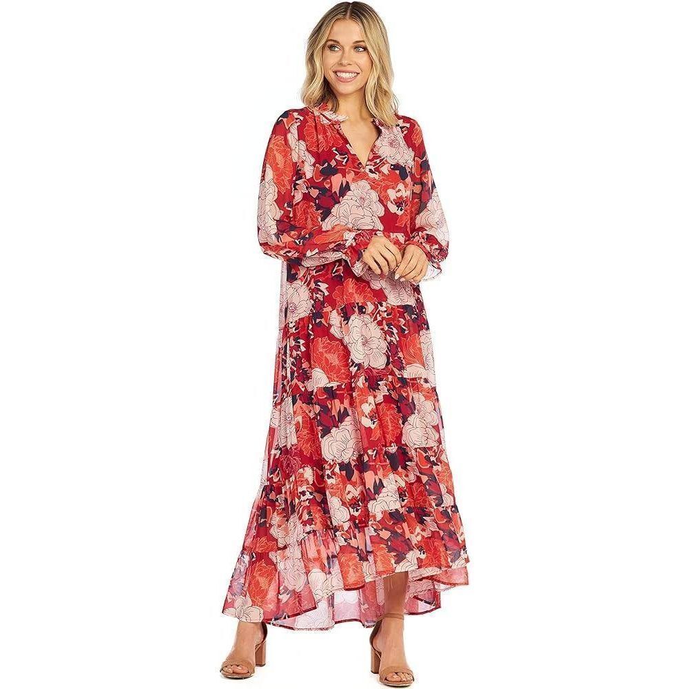Mudpie Simone Red Floral Maxi Dress Large Boho Colorful Femme Cocktail Formal